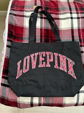 NEW PINK Victoria's Secret Black Tote with Red Plaid LOVE PINK Logo